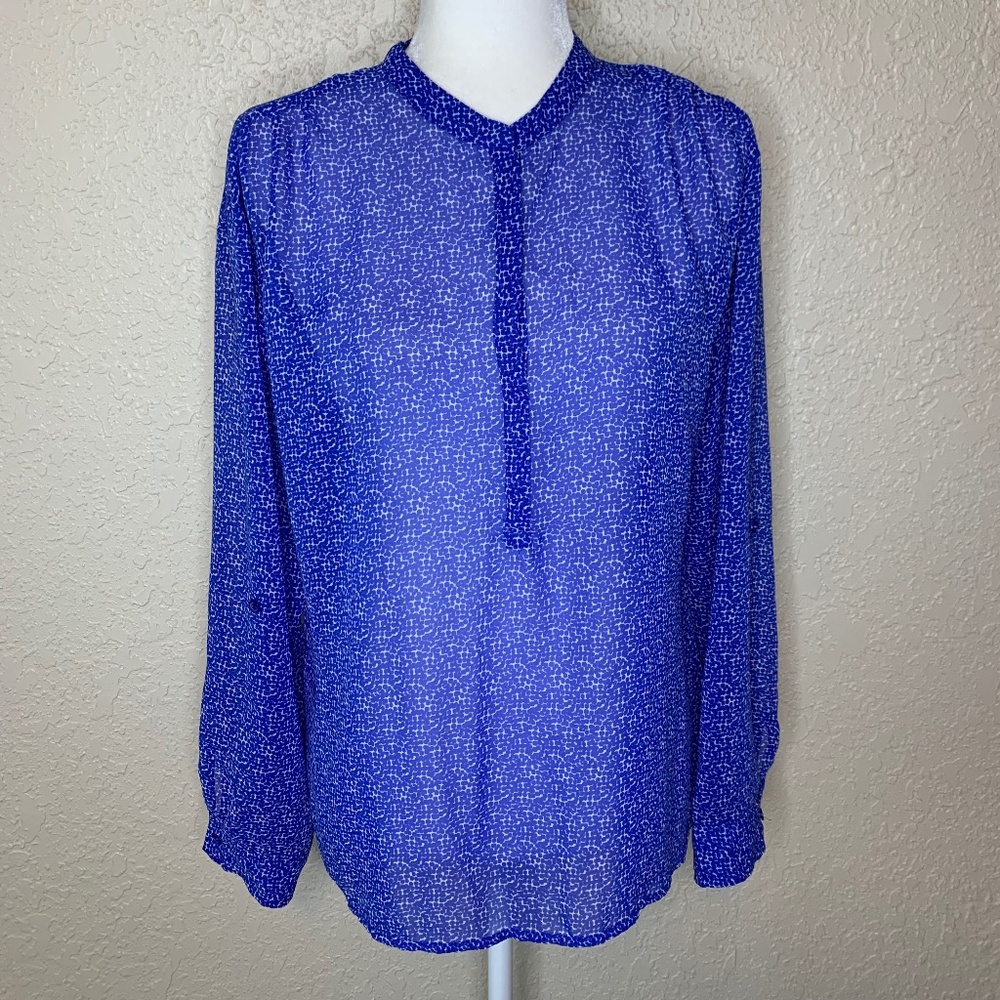 ana Blue White Print Sheer Long Sleeve Top Women's Size L Casuโฆ